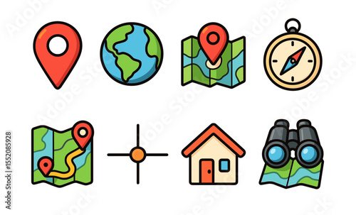 Colorful travel and navigation icons: maps, globe, compass, binoculars, home