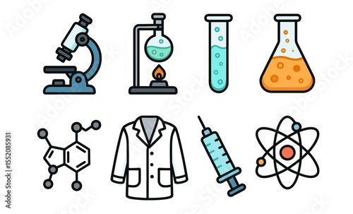 Science equipment icons: microscope, test tubes, molecule, lab coat, syringe, atom