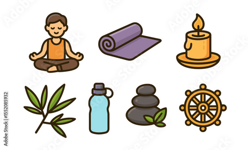 Zen meditation elements: candle, yoga mat, stones, and relaxing symbols for mindfulness