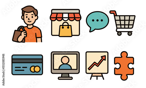 Icons of shopping and e-commerce: male shopper, cart, store, credit card, online meeting, growth, puzzle