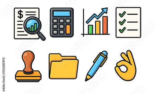 Finance and business icon set: charts, calculator, checklist, stamp, folder, pen, ok gesture