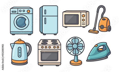 Collection of household appliances: washing machine, refrigerator, microwave, vacuum, kettle, stove, fan, iron