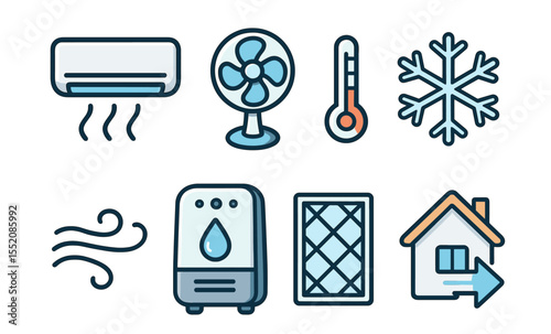 Air conditioning and ventilation icons: fan, thermometer, snowflake, humidifier, filter, house
