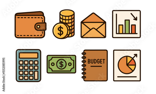 Financial planning icons: wallet, coins, envelope, graphs, calculator, cash, budget notebook