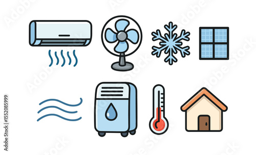 Home climate control: air conditioning fan thermostat and dehumidifier icons