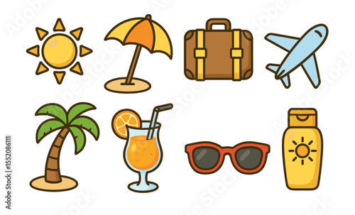 Summer vacation icons: sun, beach, travel, and relaxation symbols