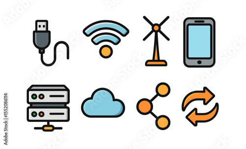 Technology icons: usb, wifi, signal, smartphone, server, cloud, share, sync