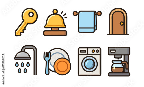 Set of colorful hotel and home icons including key, bell, towel, door, shower, dishes, washer, coffee maker