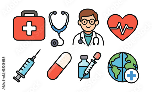 Medical icons set featuring doctor, stethoscope, heart, medical kit, and global healthcare symbols