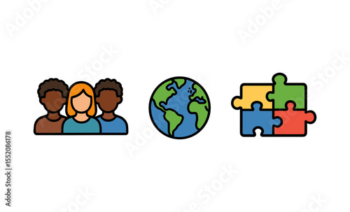 Diverse group and global unity icons featuring people earth and puzzle pieces