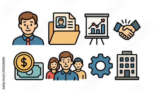 Business icons set: male profile, folder, graphs, handshake, money, team, gear, building