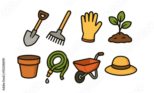 Gardening tools and plant icons set: shovel, rake, gloves, hose, wheelbarrow