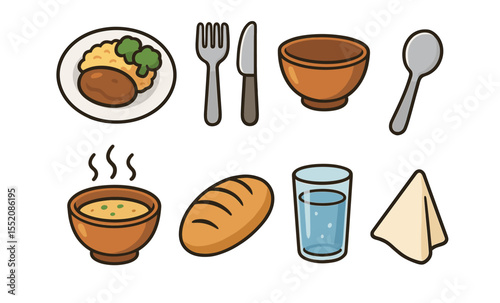 Cartoon dining set: plates, utensils, bowls, bread, soup, water glass, napkin