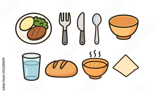 Cartoon food and utensils: fork, spoon, soup, bread, plate, glass, napkin