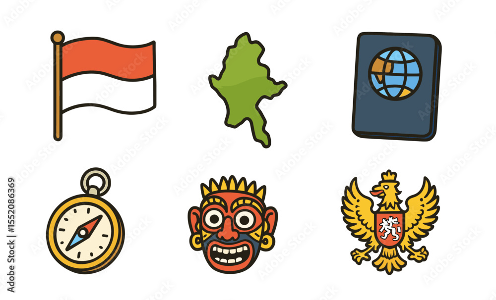 Obraz premium Indonesian symbols: flag, map, passport, compass, cultural mask, national eagle emblem