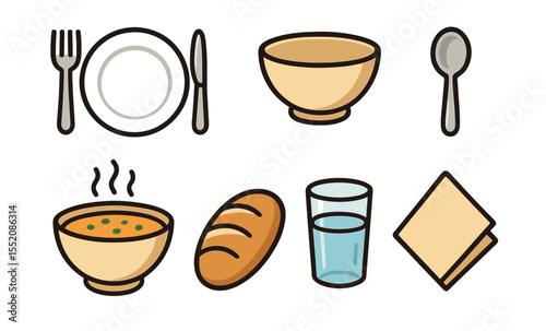 Cartoon tableware and food items set with bowl, plate, bread, and glass