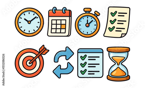 Set of business planning icons: clock, calendar, stopwatch, checklist, target, arrows, hourglass