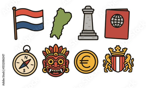 Icons of the netherlands: flag, limburg, memorial, travel, direction, culture, economy, heritage