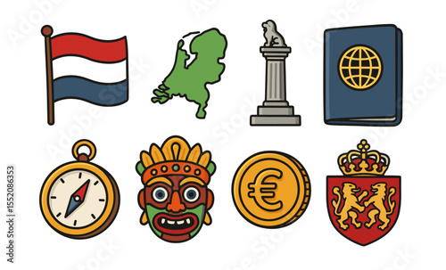 Dutch symbols: flag, map, lion statue, passport, compass, mask, euro coin, royal crest