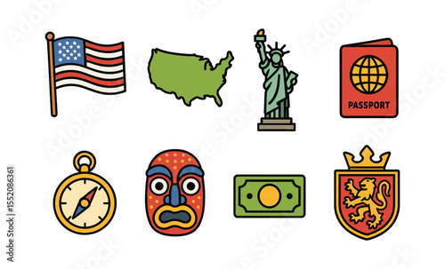 Icons of usa: flag, map, liberty statue, passport, compass, tribal mask, currency, crest