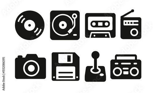 Retro technology icons: vinyl, turntable, cassette, radio, camera, floppy, joystick, boombox