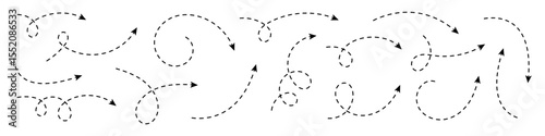 Collection of curved arrows with dashed lines. Minimalist elements for navigation, direction, process visualization, and graphic design.
