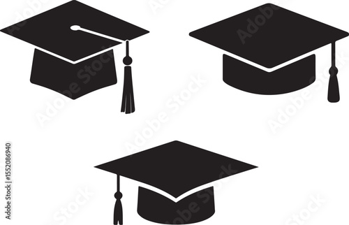 Three Different Styles of Black Silhouette Graduation Caps with Tassels on a White Background