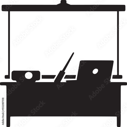 A black silhouette of a desk with a projector screen laptop and pointer on a white background