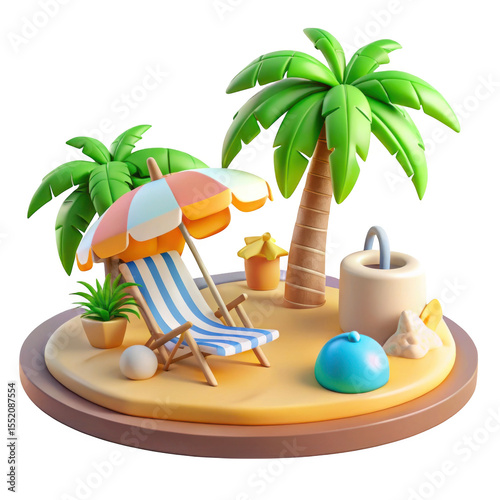 3d tropical island scene with beach chair and palm trees isolated on transparent background
