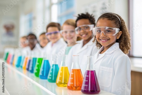 Diverse group of smiling children in lab coats and safety goggles with colorful liquids