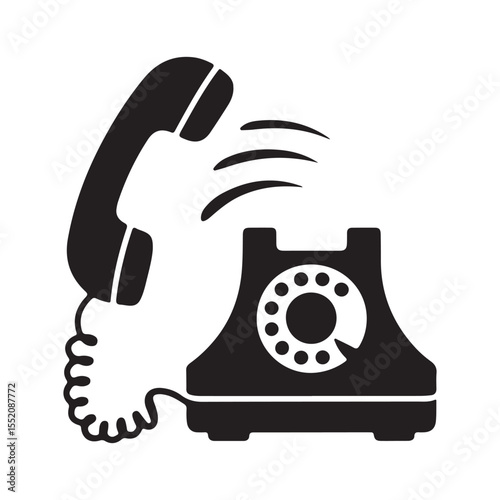 Black silhouette of a vintage rotary dial telephone ringing with receiver off the hook
