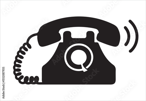Vintage black rotary telephone icon with sound waves indicating an incoming call, retro telephone on black