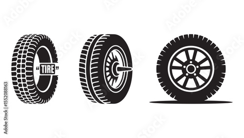 Collection of three black tire icons with different tread patterns and rim designs