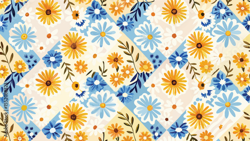 Yellow Daisies And Periwinkle Flowers Arranged - Seamless Animal Print Vector