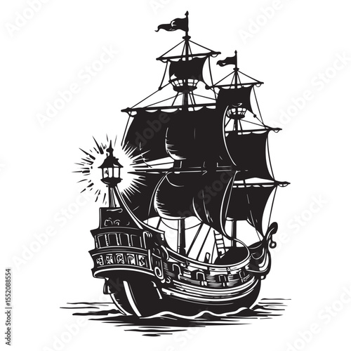 Pirate ship silhouette vector illustration of an old sailing vessel on the sea