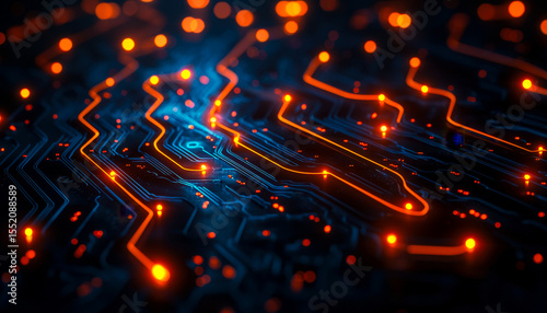 Abstract digital circuit with glowing blue and orange lines and points