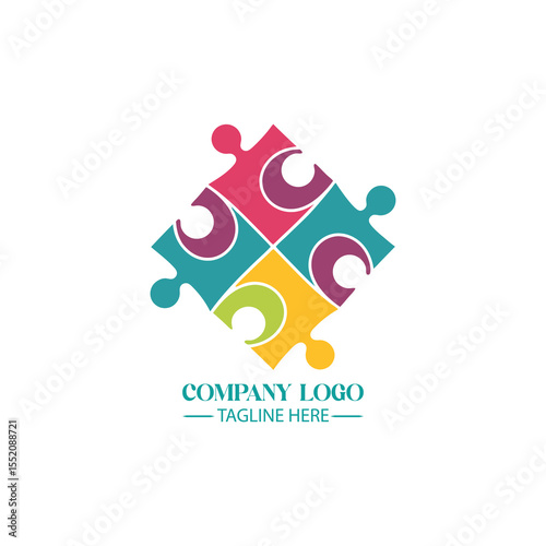 Interlocking Puzzle Logo: A visually appealing logo featuring four colorful puzzle pieces, symbolizing connection, teamwork, and collaboration. Perfect for representing unity and a cohesive approach.