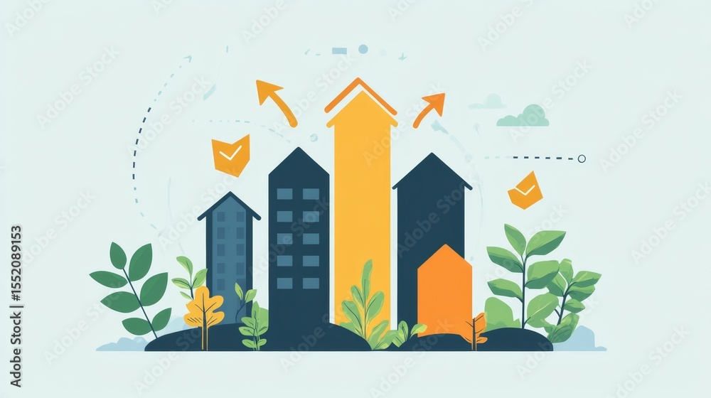 Fototapeta premium Accelerating business growth strategies with arrows and plants in a dynamic urban setting