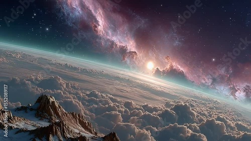Breathtaking cosmic view of earth from space with nebula sunrise and snow mountain