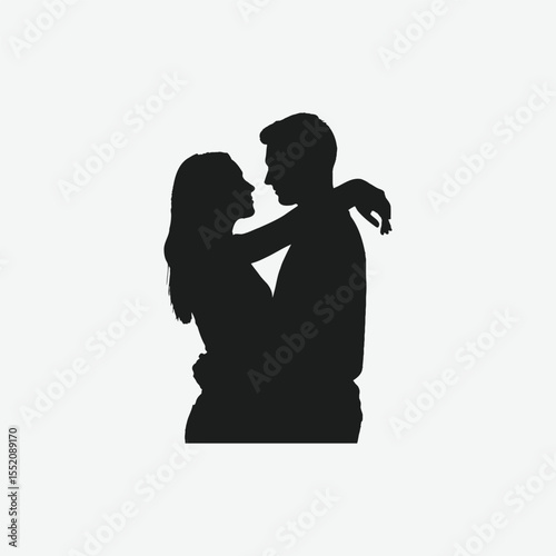 Black and white silhouette of a loving couple embracing. Minimalist, romantic design symbolizing intimacy, affection, and emotional connection. Perfect for love-themed projects.