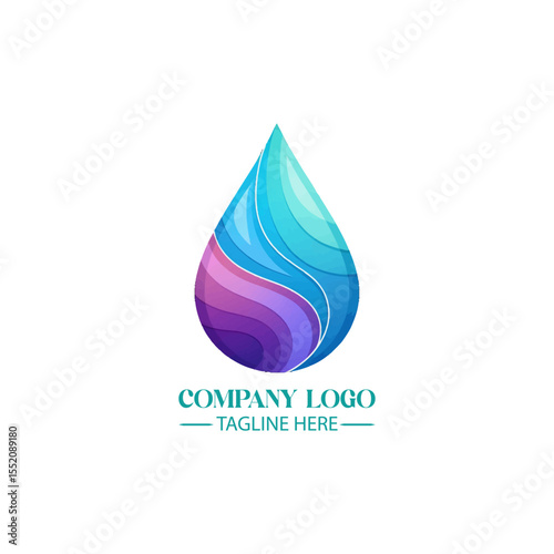 Water drop Logo: A symbolic water drop design, a modern logo featuring layered and multicolored gradients of blue and purple hues. the design represents refreshing simplicity and clean aesthetic.