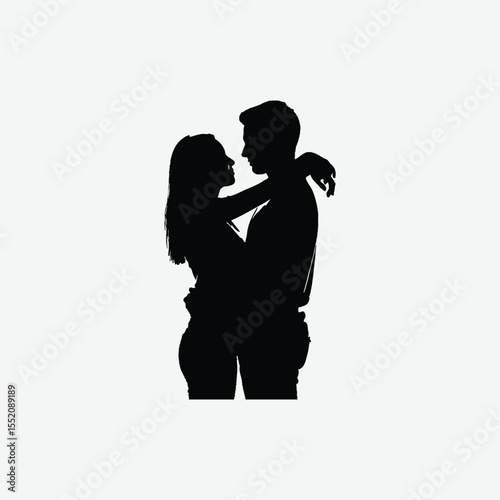 Black and white silhouette of a loving couple embracing. Minimalist, romantic design symbolizing intimacy, affection, and emotional connection. Perfect for love-themed projects.