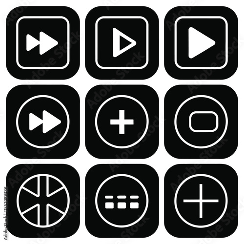 A set of nine icons, each with a distinct symbol and color scheme