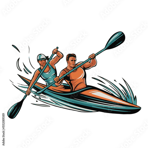 Fun summer sports: cartoon vector illustration of people kayaking and canoeing on the river and lake waves