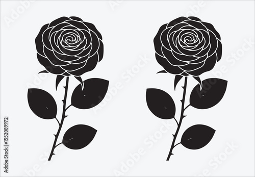 Two stylized black roses with leaves and thorns on a light gray background