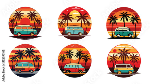 Retro camper vans and palm trees silhouette against a sunset beach scene