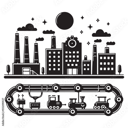 Factory Production Line Illustration - Industrial Manufacturing Plant Vector