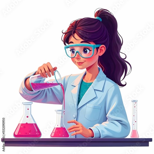 Flat vector illustration of a young female student wearing safety goggles and lab coat, pouring liquid from one beaker to another during a science experiment, simple flat design, isolated on white