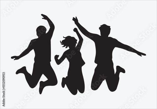 Diverse group of friends silhouetted jumping with arms raised in celebration