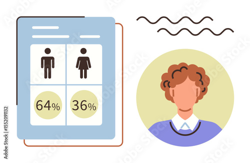 Percentage data for male and female demographics displayed on a document beside an individuals portrait. Ideal for analytics, demographics, surveys, HR, social studies, population insights, simple